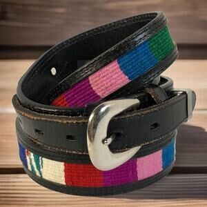 Fisher Top Grain Cowhide Southwest 40-44 BELT Black Colorful Fabric Insert 2531B